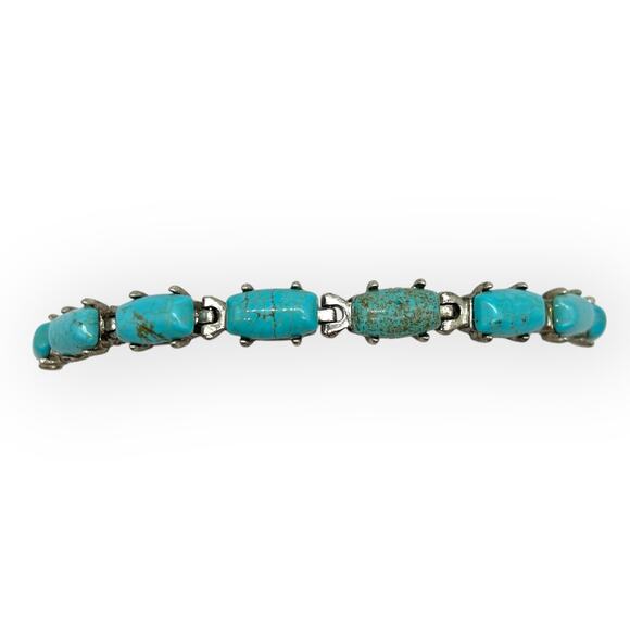 Burnished Silver Bracelet Turquoise Rectangular Semi Precious Stone Howlite - Picture 7 of 10
